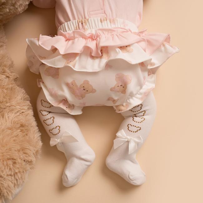 Little A, Tights, Little A - Diamante bear tights, white