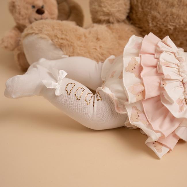 Little A, Tights, Little A - Diamante bear tights, white