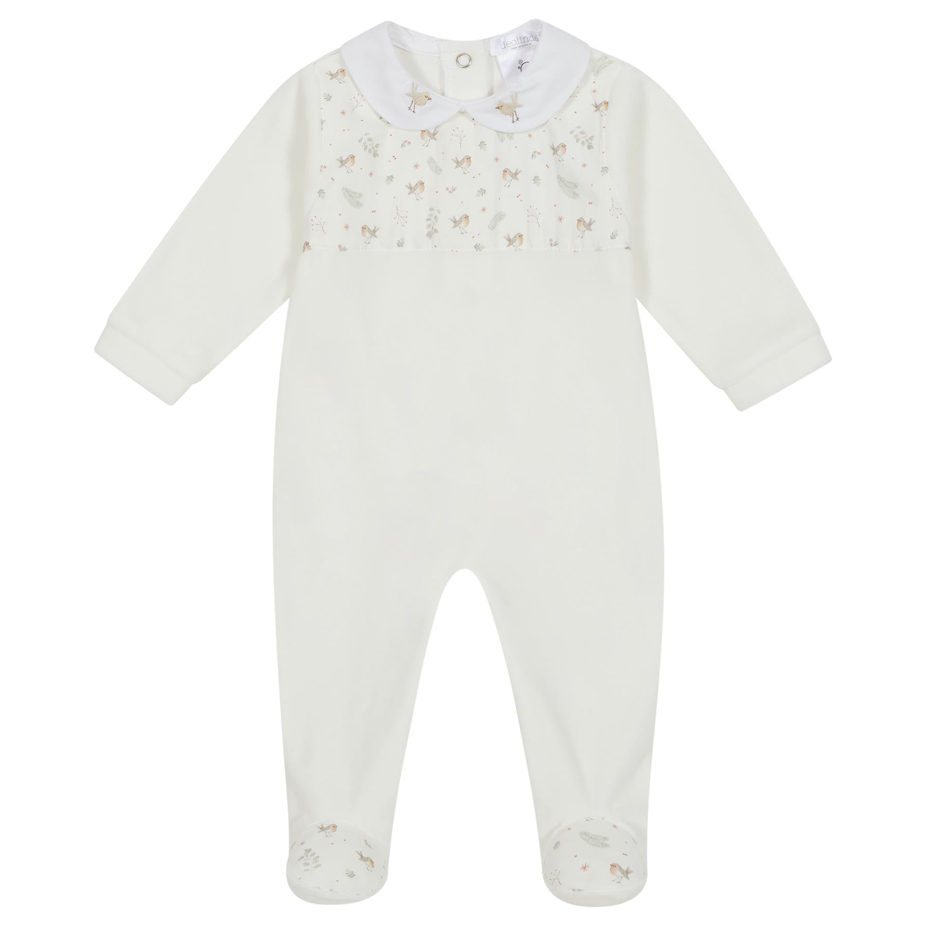 Deolinda, All in ones, Deolinda - White velour all in one with robin print yolk