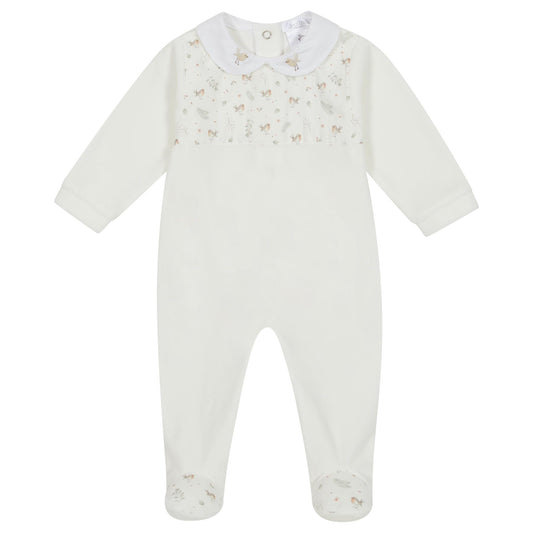 Deolinda, All in ones, Deolinda - White velour all in one with robin print yolk