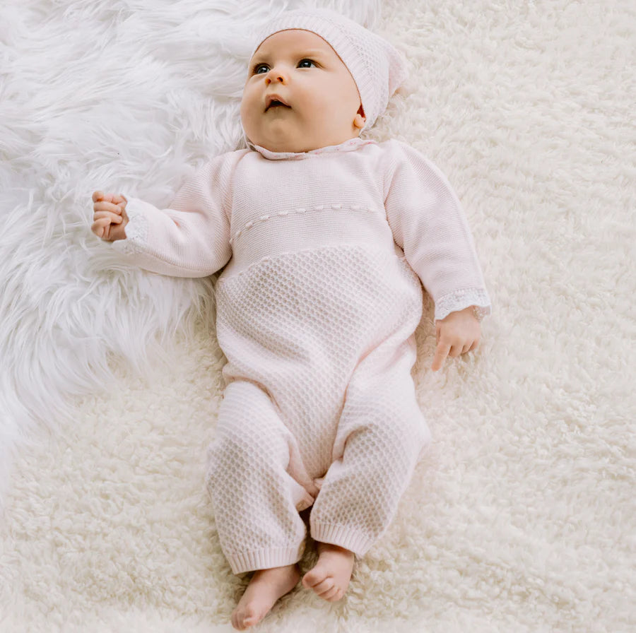 Emile et Rose, rompers, Emile et Rose - Soft pink, 2 piece, knit romper and hat