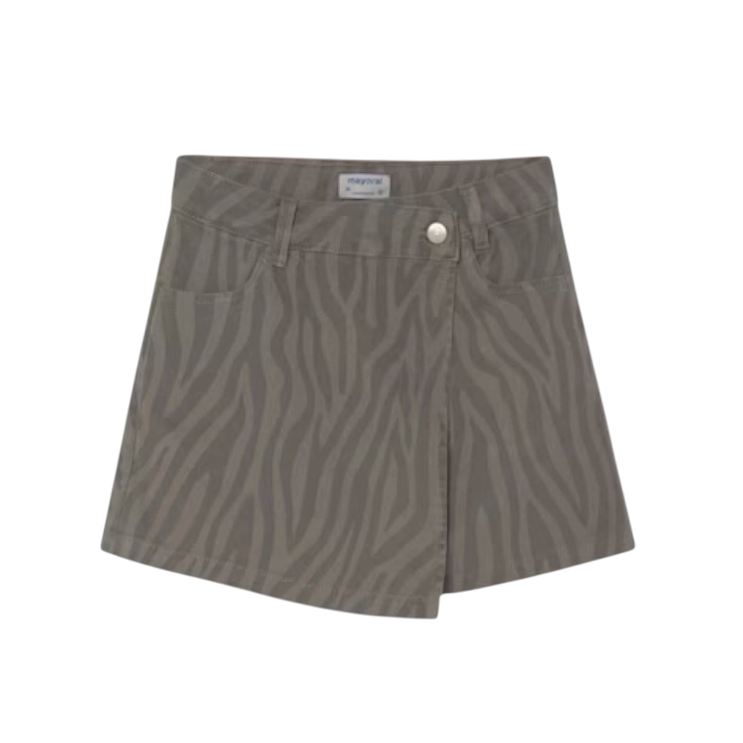 A zebra-print mini skirt in a muted taupe-gray color, featuring a button closure and front pockets, shown against a plain white background.