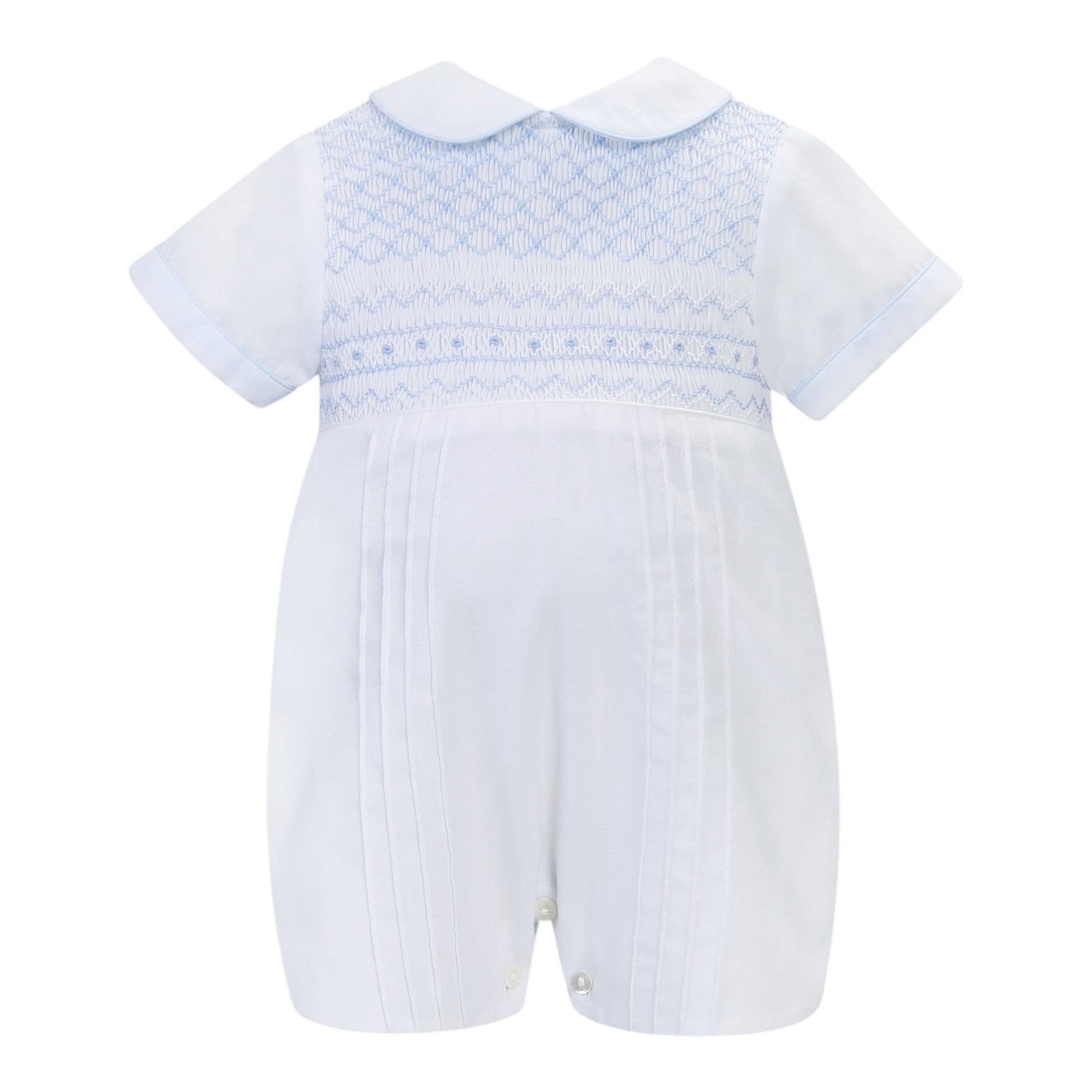 Sarah Louise, Rompers, Sarah Louise - Traditional hand smocked, White romper with pale blue detail