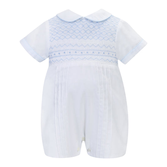 Sarah Louise, Rompers, Sarah Louise - Traditional hand smocked, White romper with pale blue detail