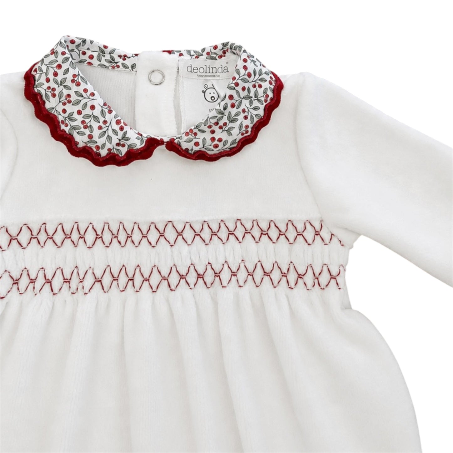 Deolinda - White velour romper with red trim