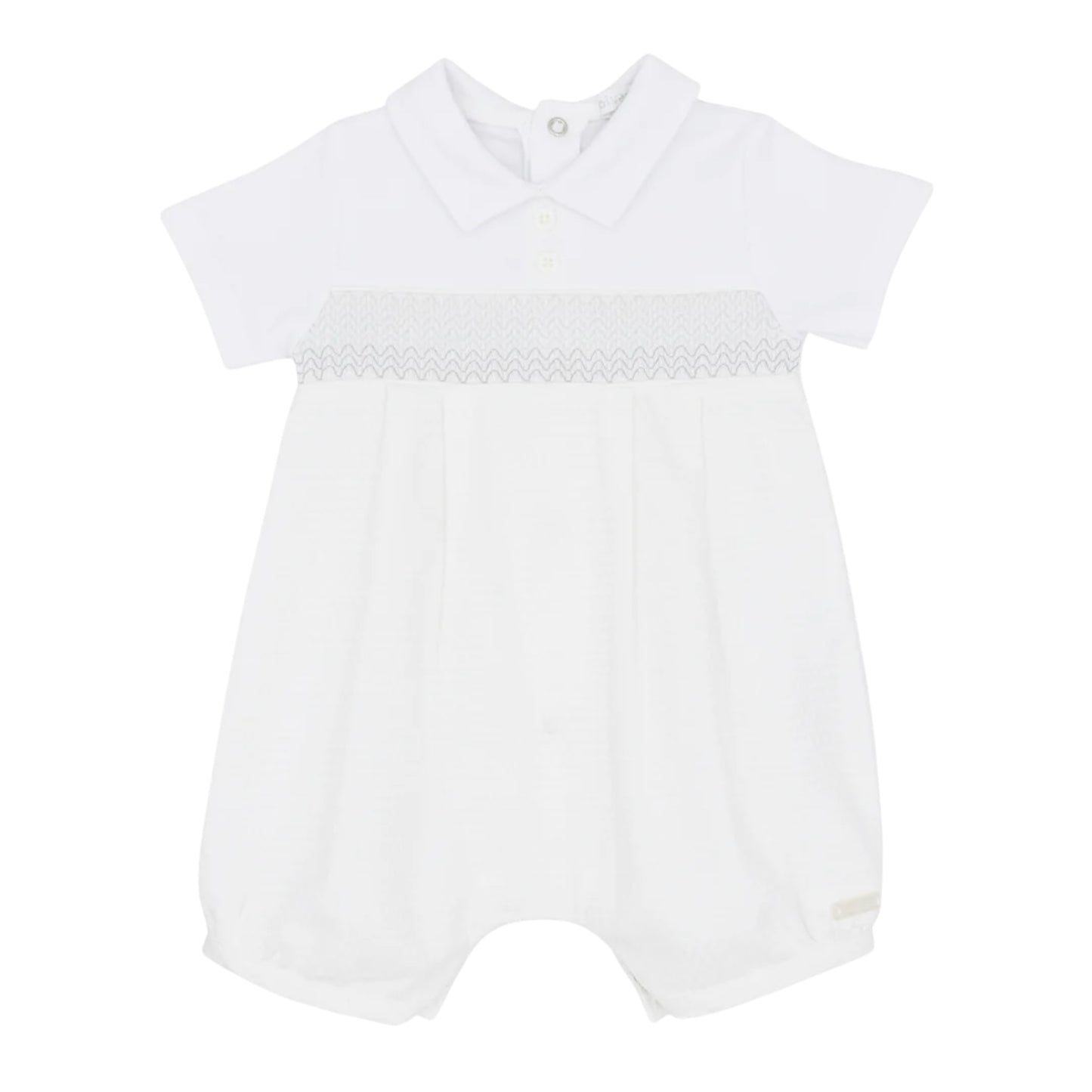 blues baby - all in one shortie. smocking across chest, white