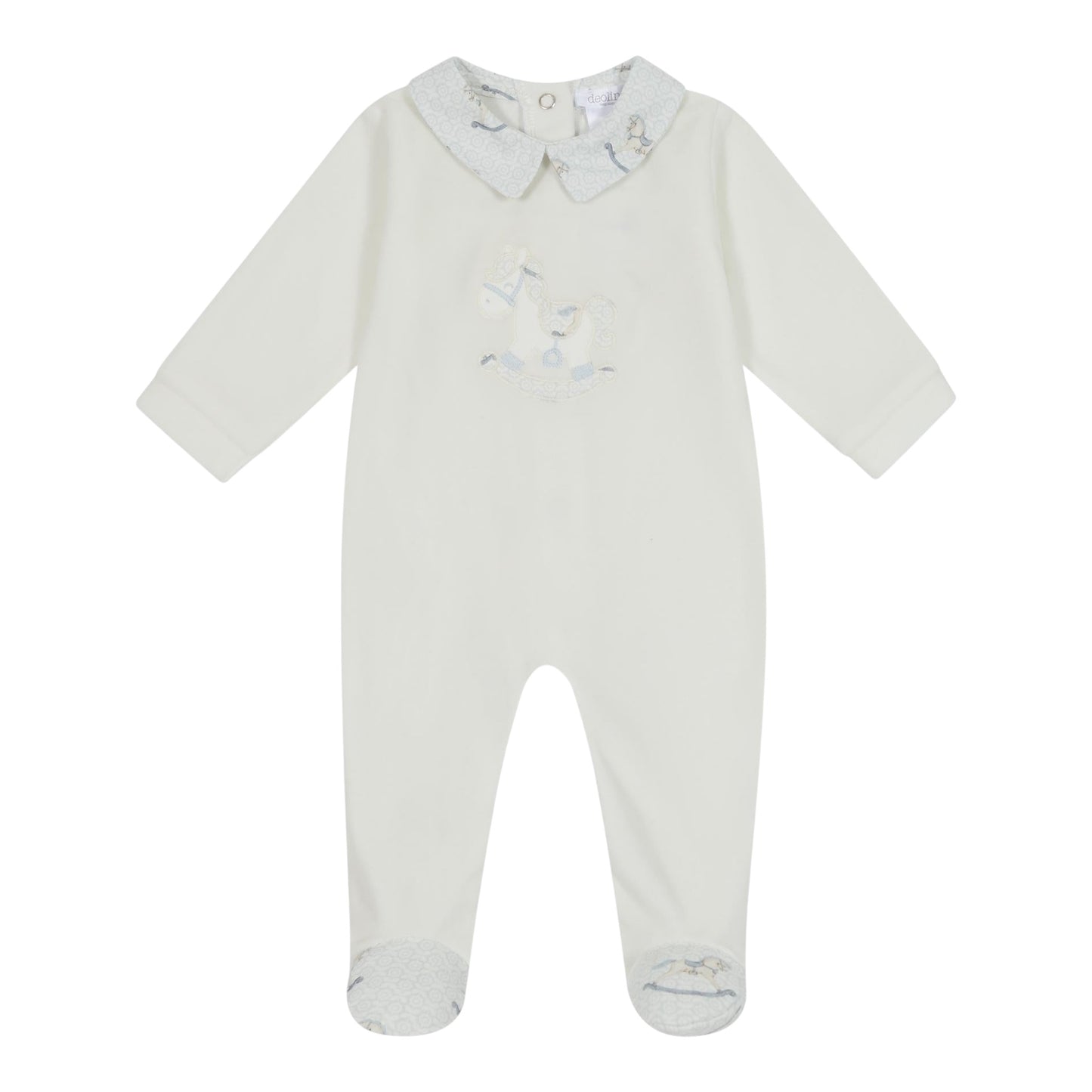 Deolinda - White velour all in one, pale pink rocking horse detail