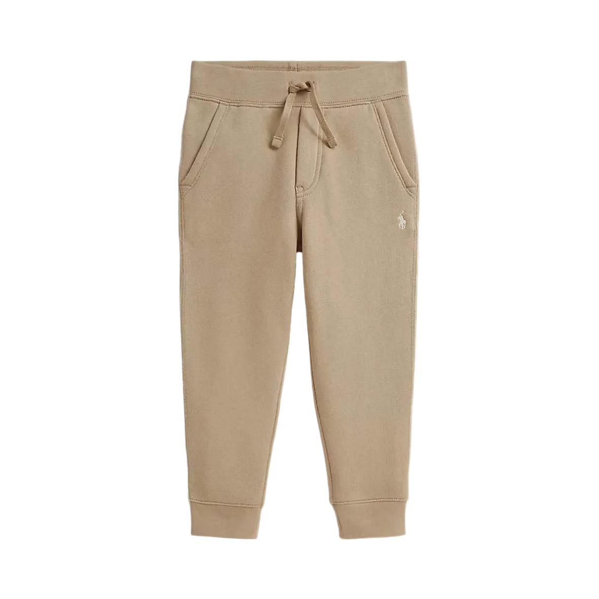 A pair of beige jogger sweatpants with an elastic waistband, drawstring, side pockets, and ribbed cuffs, featuring a small white embroidered Polo pony logo on the left thigh.
