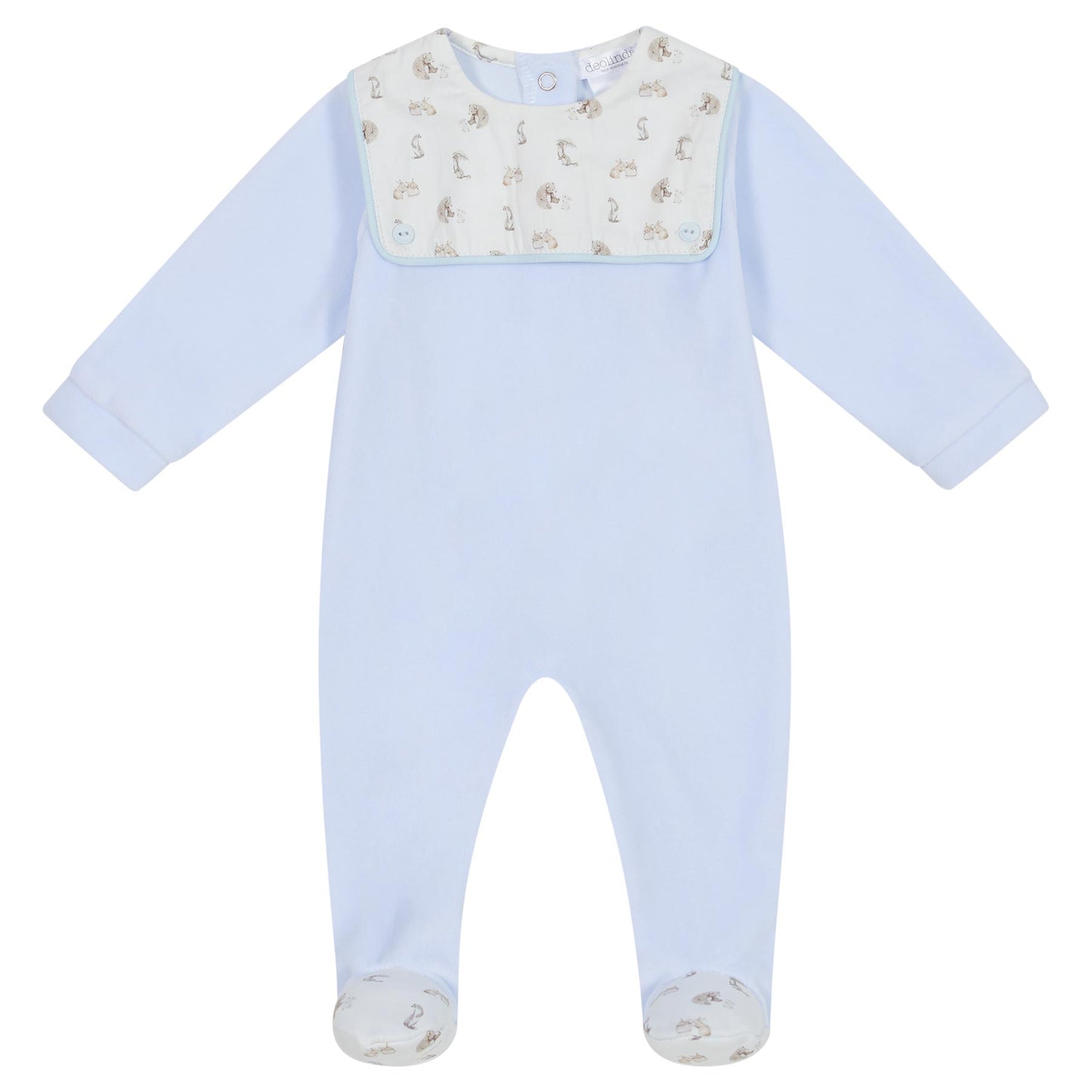 Deolinda, All in ones, Deolinda - Light blue velour all in one, small animal print on yolk