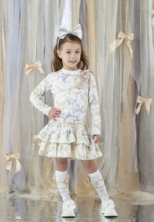 A'Dee - Bow print jersey dress, Beige
