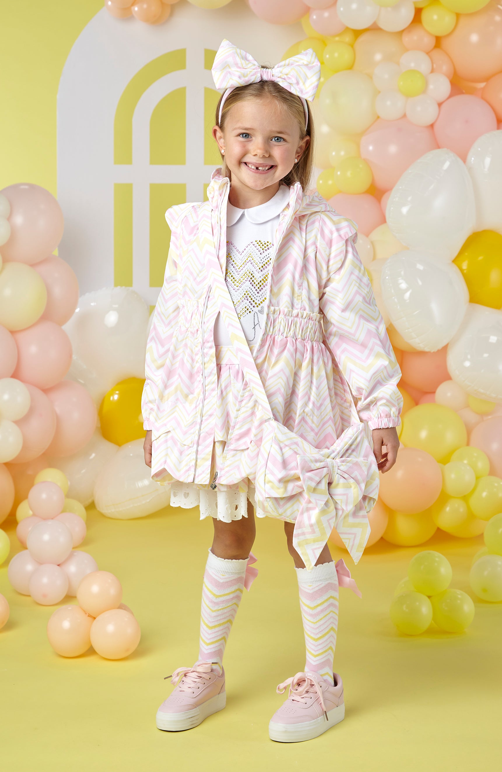 A'Dee, coats, A'Dee - White coat with pink and yellow chevron print, Leila