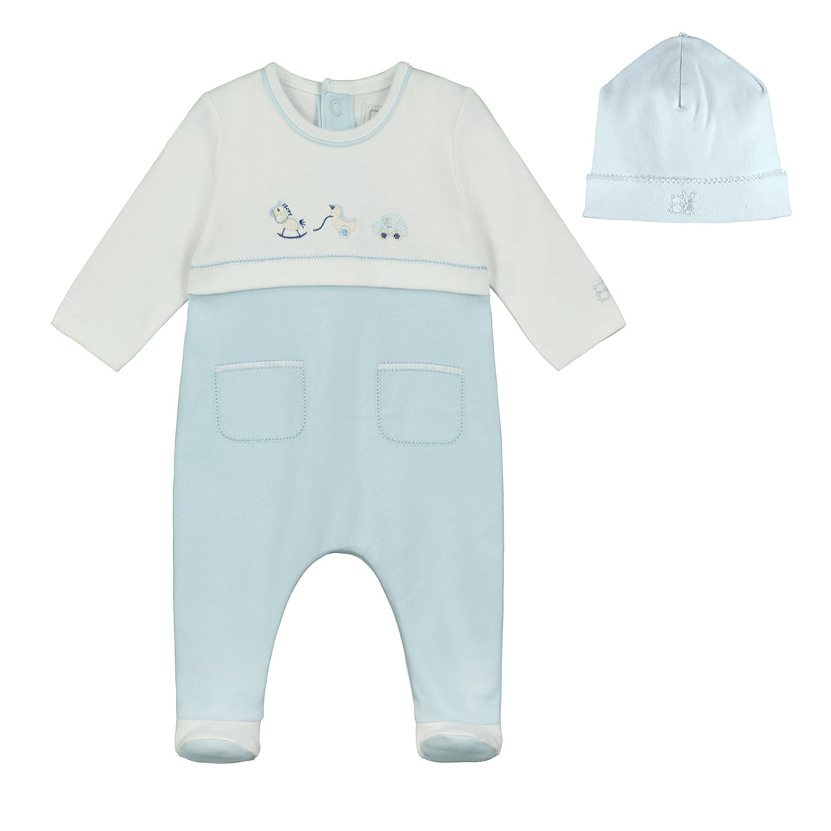 Emile et Rose, All in ones, Emile et Rose - pale blue and white romper and hat, Ezra