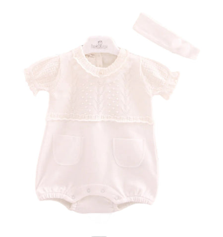 leo king - White knit all in one, short legs, with matching headband