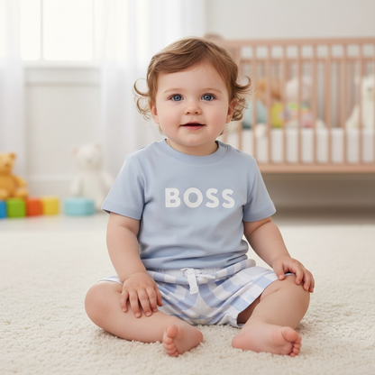 Boss - Baby 2 piece outfit, Top and stripe shorts, pale blue