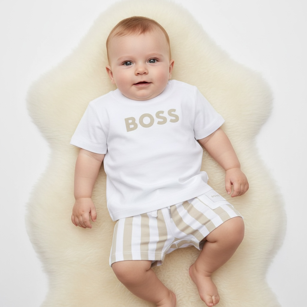 Boss - Baby 2 piece outfit, Top and stripe shorts, beige
