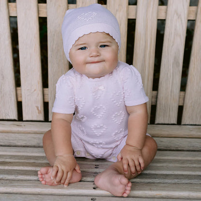 Emile et Rose, rompers, Emile et Rose - Soft pink, 2 piece, knit, shortie and hat, hearts detail