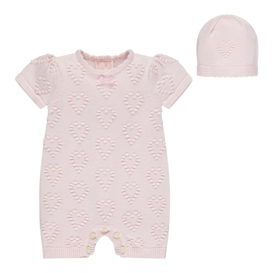 Emile et Rose, rompers, Emile et Rose - Soft pink, 2 piece, knit, shortie and hat, hearts detail