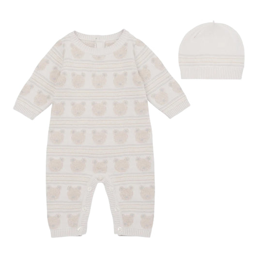 Emile et Rose, all in ones, Emile et Rose - Beige knitted, bear patterned, all in one with hat, Harry