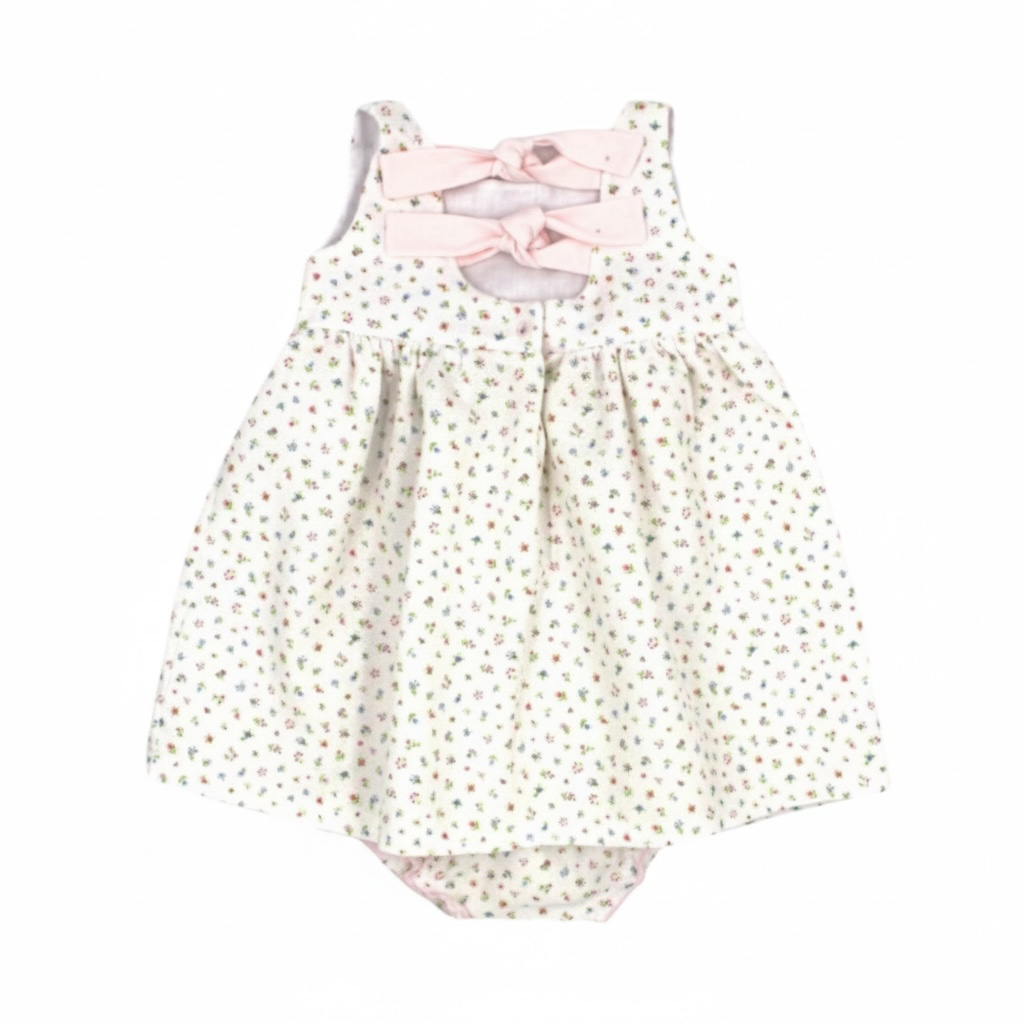 Rapife - Dress and pants, white ditsy, with pink hairclip