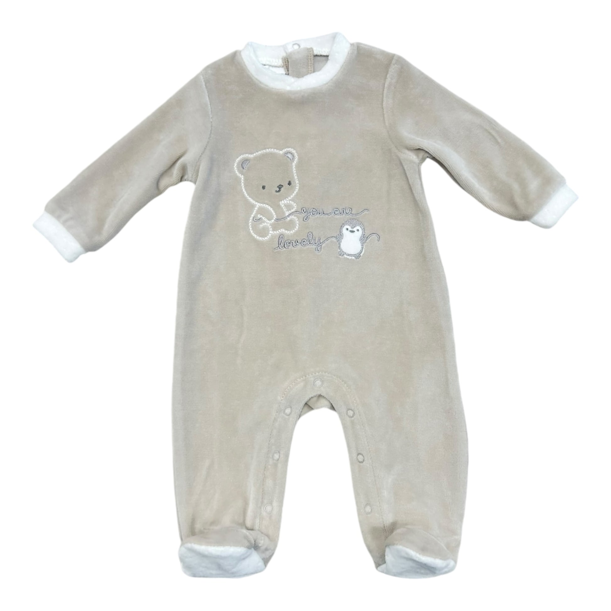 iDO, all in ones, iDO - beige velour all in one , teddy and penguin front design