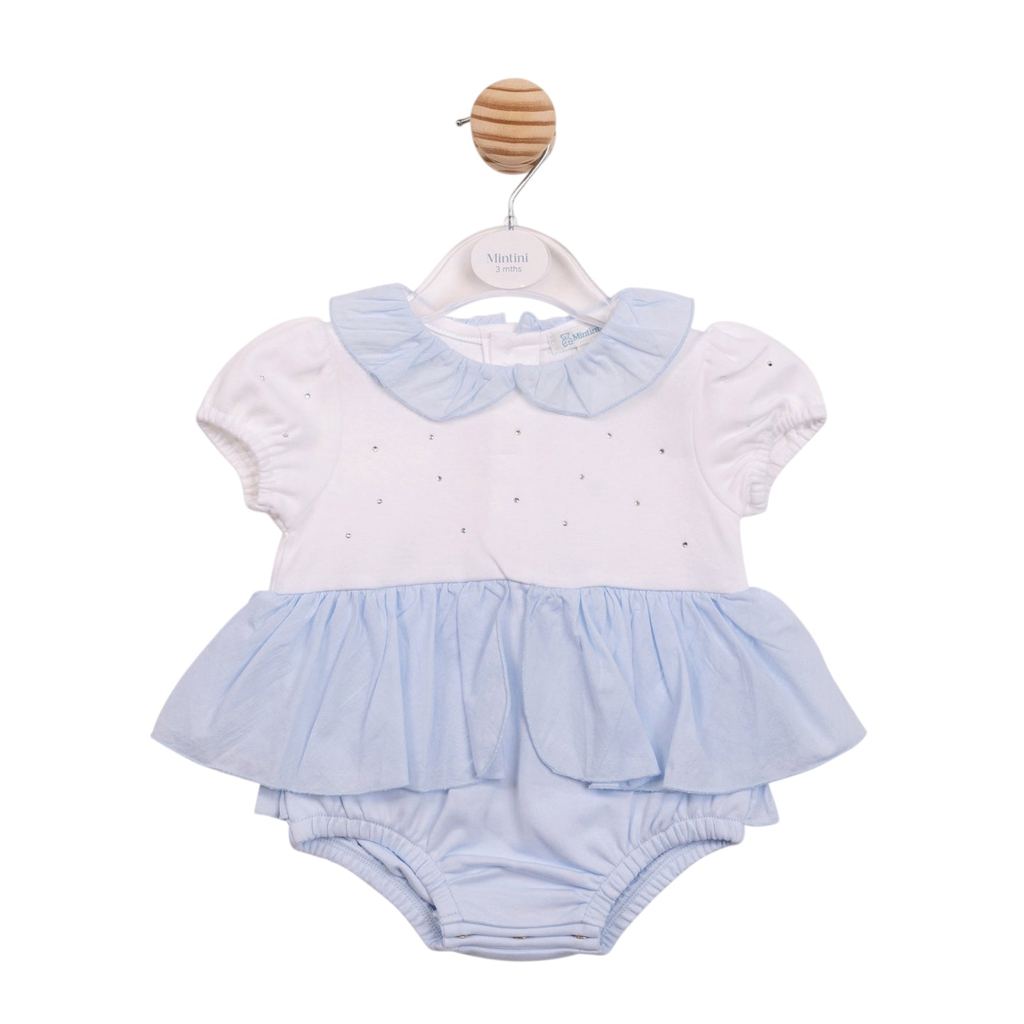 Mintini - Light blue and white romper with mock dress overlay