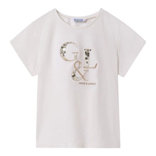 Mayoral, T-shirts, Mayoral - Cream, 'Great & Lovely' sparkle detail, T-shirt