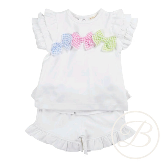 Mintini, 2 piece shorts outfits, Mintini - 2 piece white  shorts set with coloured bow detail