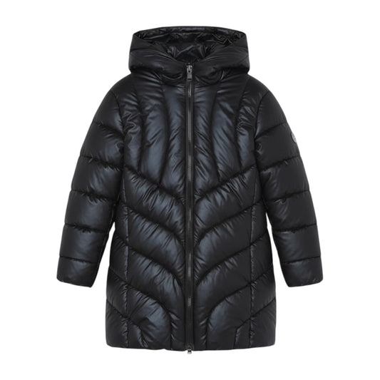 A black hooded puffer jacket with a full front zipper, shown on a plain white background.