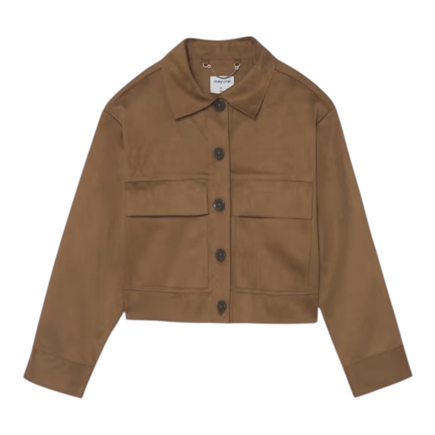 A cropped brown utility jacket with a pointed collar, dark buttons, and two large front flap pockets, shown flat on a white background.