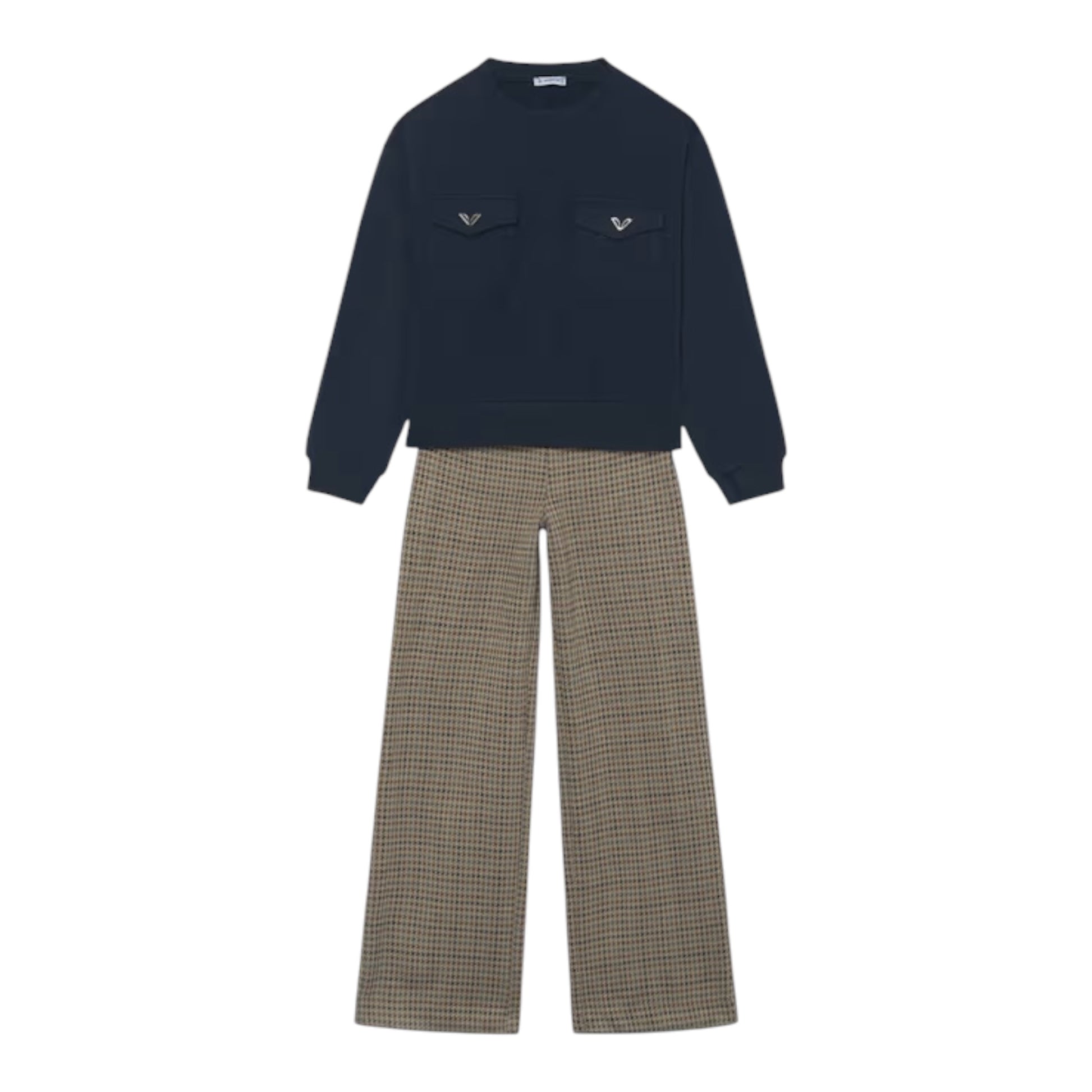 A two-piece clothing set featuring a dark navy blue long-sleeve crewneck sweatshirt with two chest pockets, and wide-leg trousers in a brown and beige houndstooth pattern, displayed on a solid white background.