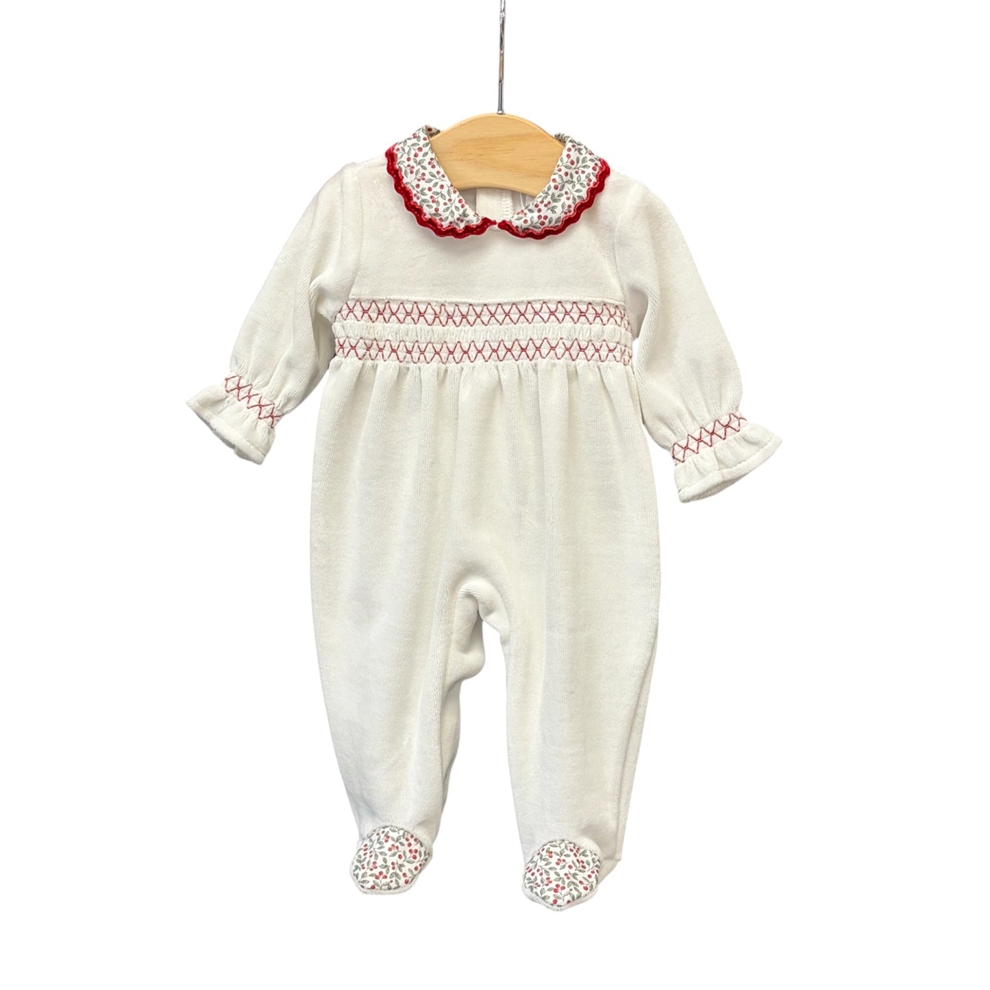 Deolinda - White velour romper with red trim
