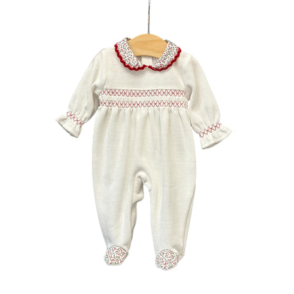 Deolinda - White velour romper with red trim