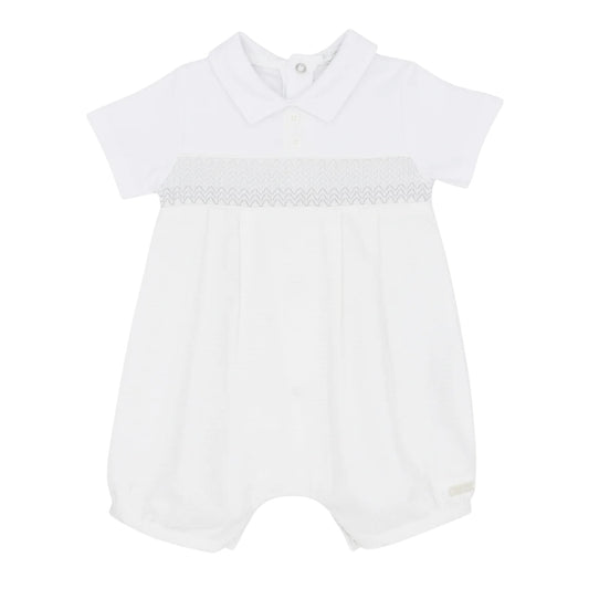 blues baby - all in one shortie. smocking across chest, white