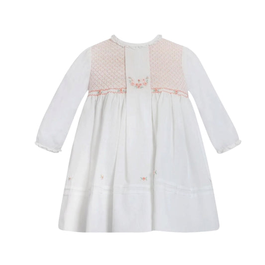 Sarah Louise - Traditional hand smocked Dress, ivory with peach details C7002
