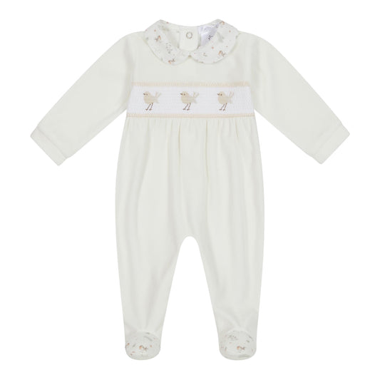 Deolinda - White velour all in one, robin detail