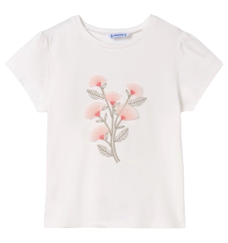 Mayoral - Ivory crew neck T-shirt with embroidered flower detail on front