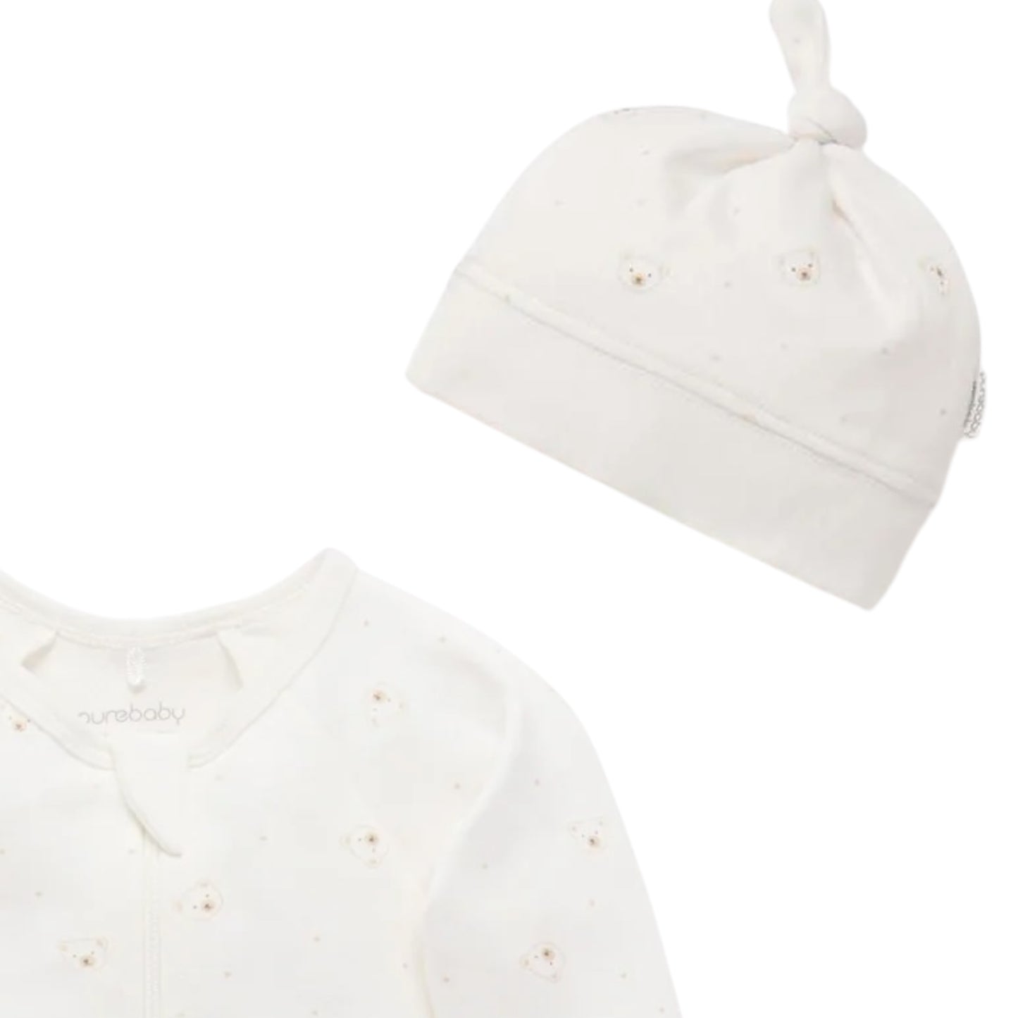 purebaby - 2 piece outfit, zip all in one and matching pull on hat, bear print