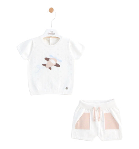 leo king, 2 piece shorts outfits, leo king - Ivory 2 piece knit outfit, shorts and top, aeroplane front design