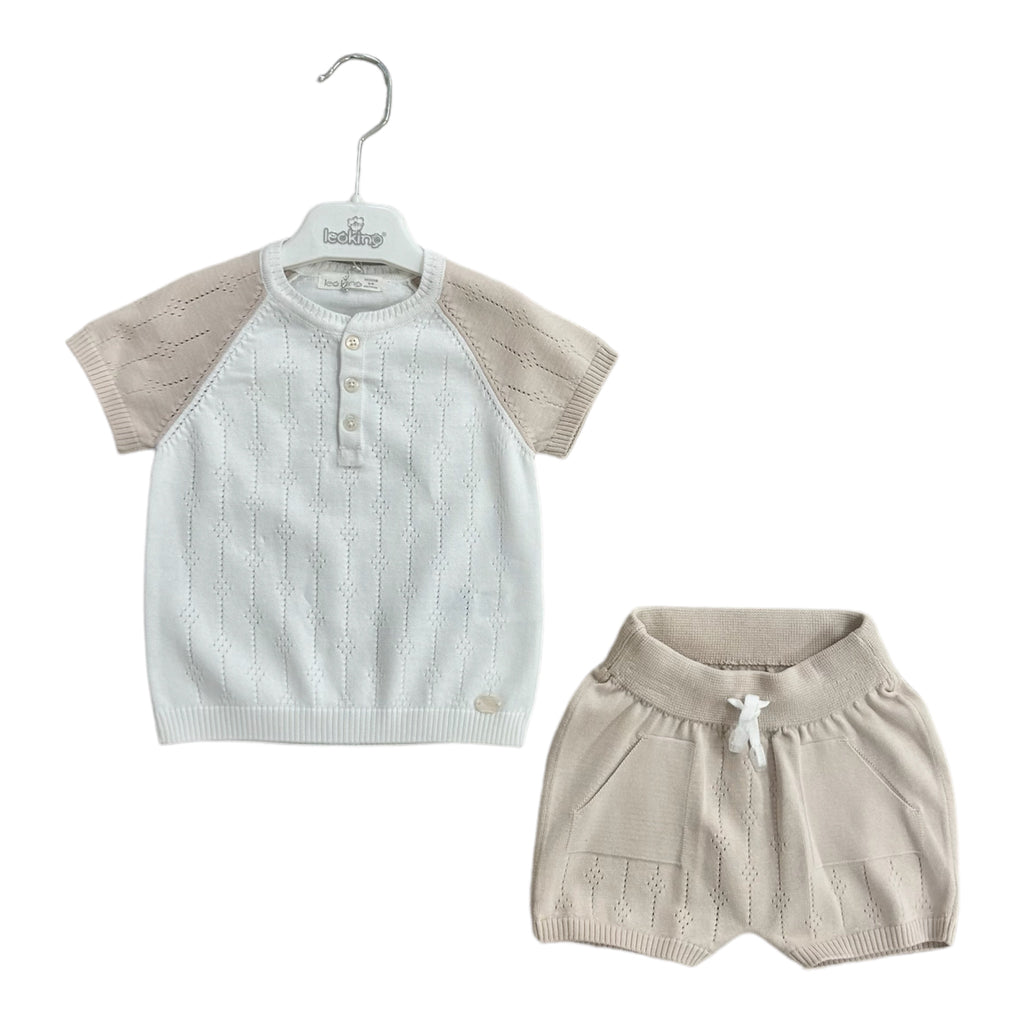 leo king, 2 piece shorts outfits, leo king - 2 piece cream and beige shorts knit set