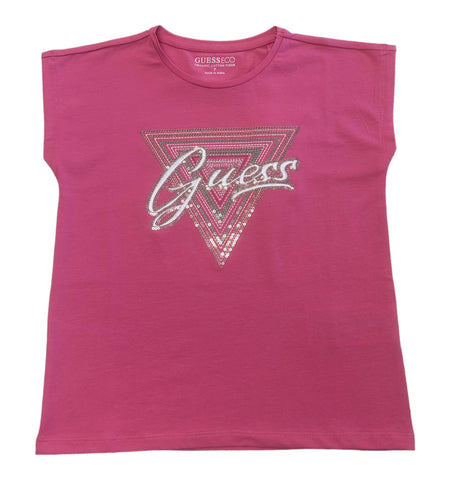 Guess, T-shirts, Guess - Pink T-shirt with sparkle GUESS front branding