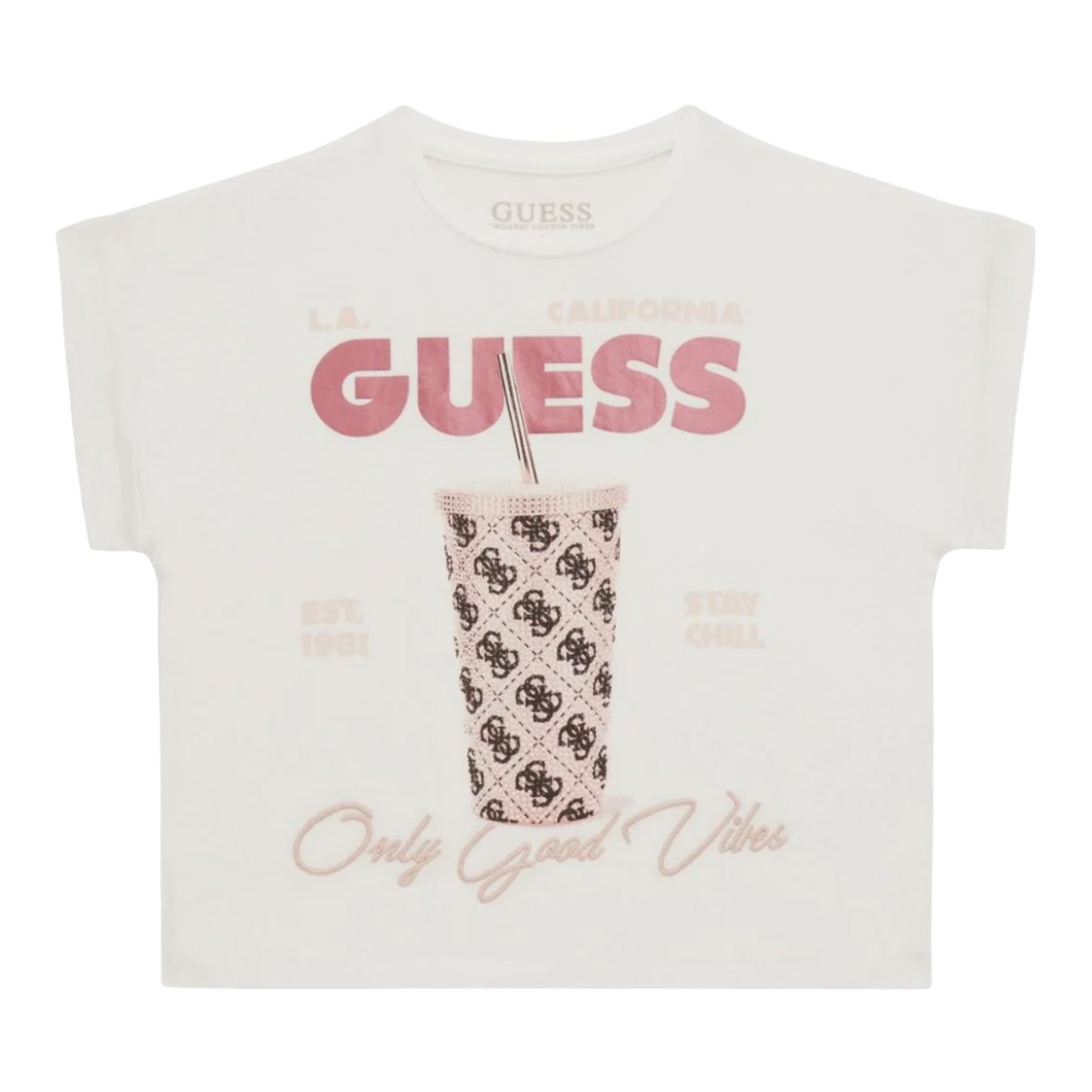 Guess, T-shirts, Guess - White T-shirt 'Only Good Vibes"