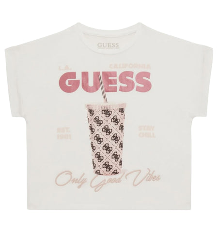 Guess, T-shirts, Guess - White T-shirt 'Only Good Vibes"