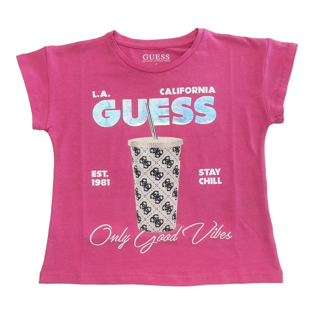 Guess, T-shirts, Guess - Pink T-shirt 'Only Good Vibes"