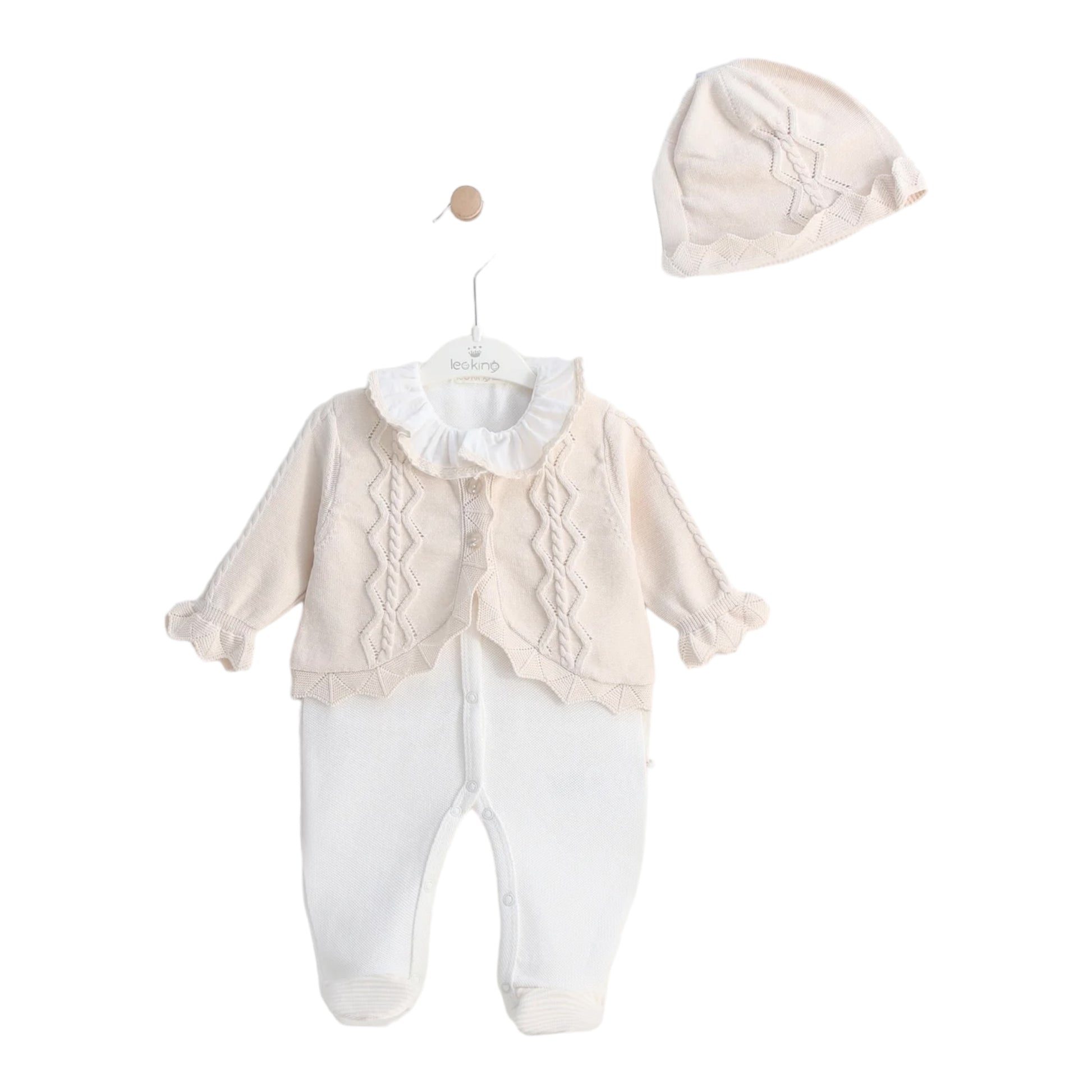 Betty Mckenzie, rompers, leo king - 3 piece outfit, romper cardigan and bonnet