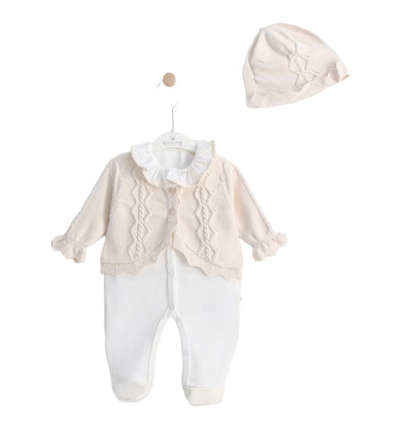 Betty Mckenzie, rompers, leo king - 3 piece outfit, romper cardigan and bonnet