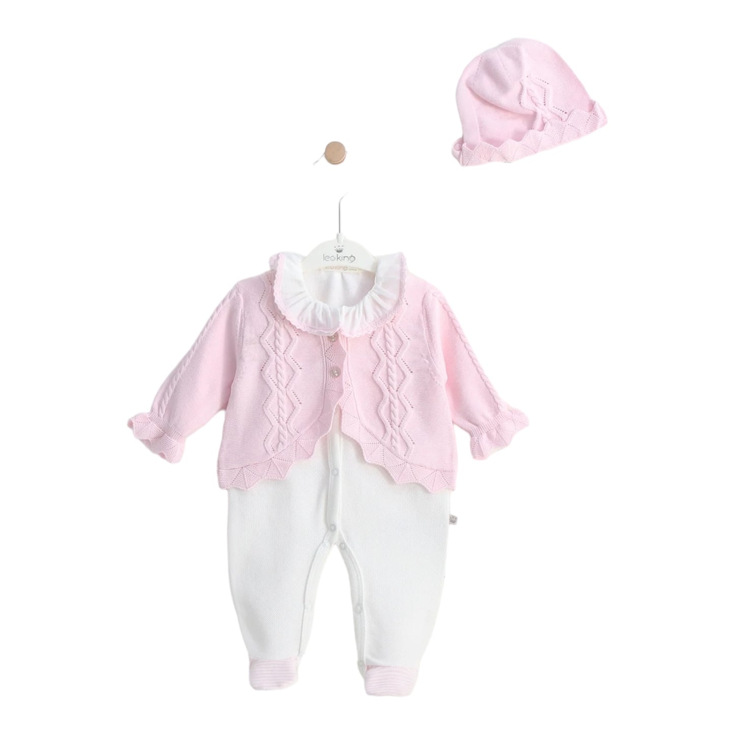 Betty Mckenzie, rompers, leo king - 3 piece outfit, romper cardigan and bonnet, pink