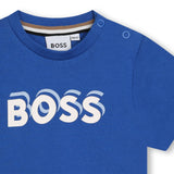 Boss, T-shirts, Boss - Blue crew neck T-shirt with white BOSS print across front