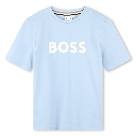 Boss, T-shirts, Boss - Crew neck, Pale blue T-shirt with BOSS front print