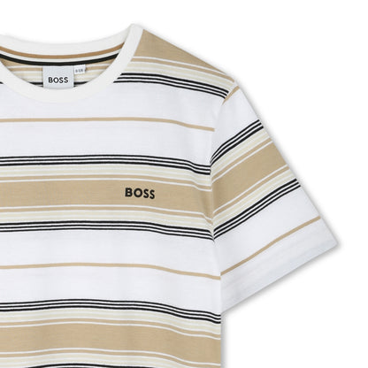 Boss, T-shirts, Boss - Short sleeved, crew neck, white and sand stripe T-shirt,