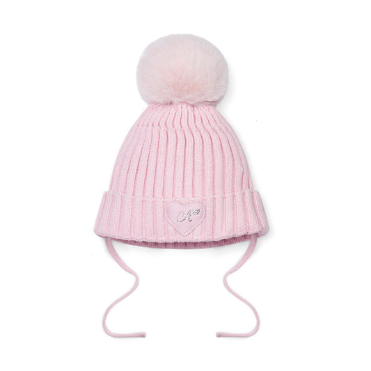 Little A - Light pink knit hat with faux fur pompom, Kamila